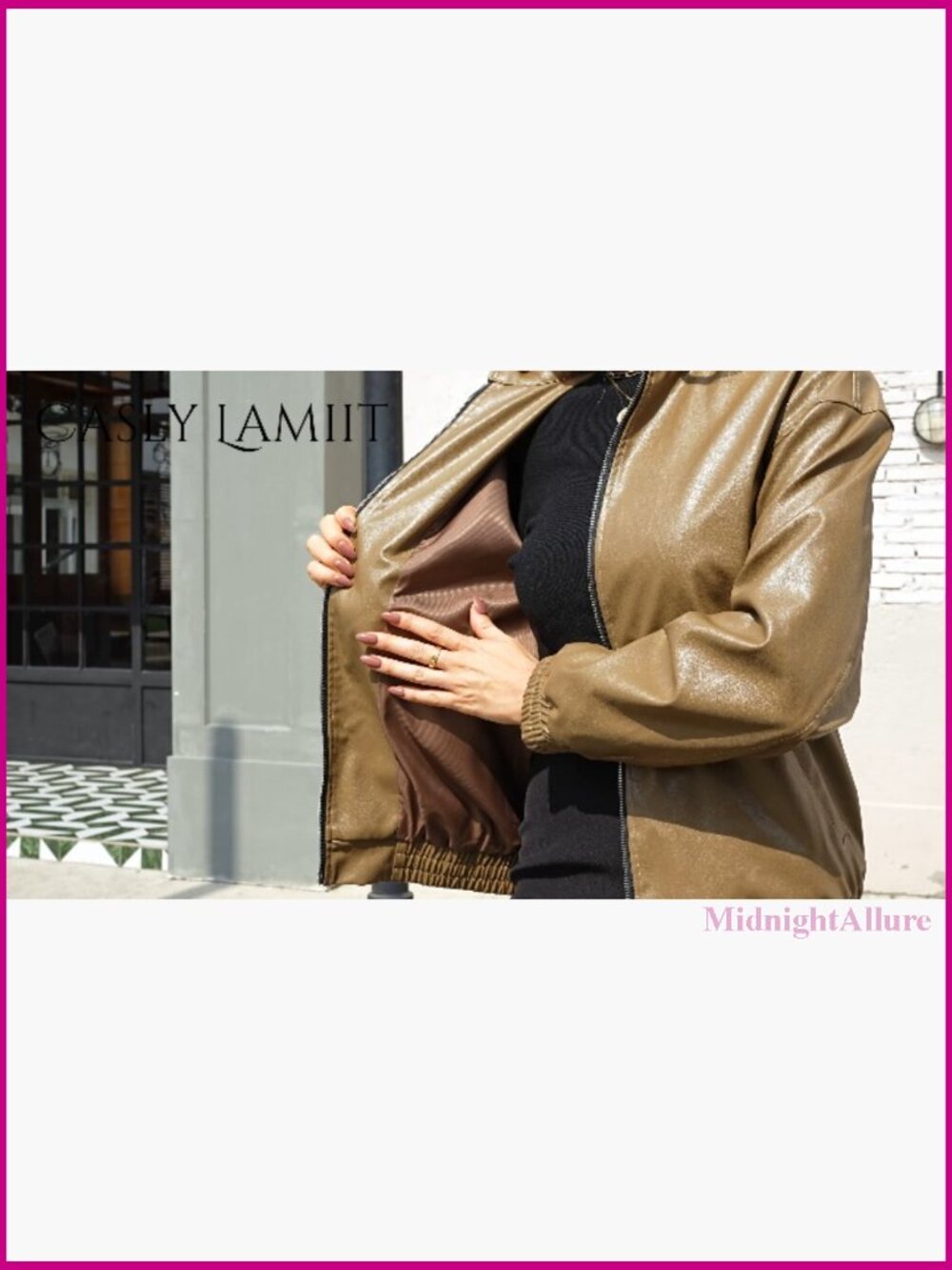 Oversized Faux Leather Bomber Jacket with Double Zipper Winter Coat - Picture 6 of 7